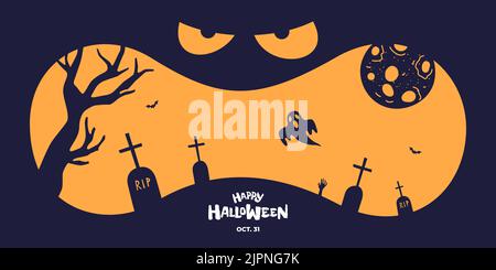 Felice Halloween partito banner orizzontale design. Jack o Lanterna zucca faccia spaventosa su sfondo blu scuro. Sagoma del cimitero con tombe e luna. Tradizionale biglietto d'auguri di ottobre 31 Illustrazione Vettoriale