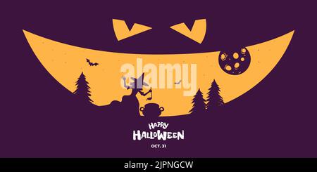 Felice Halloween partito banner orizzontale design. Jack o Lanterna zucca faccia spaventosa su sfondo scuro. Strega conjures e genera pozione nella foresta. Tradizionale biglietto d'auguri eps vettore festivo ottobre 31 Illustrazione Vettoriale