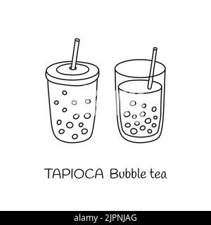 Tisana a bolle disegnata a mano in bottiglie di plastica e vetro con cannuccia isolata su fondo bianco. Illustrazione Vettoriale