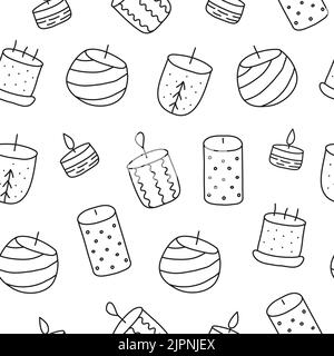 Modello bianco e nero senza cuciture con candele con contorno a doodle. Illustrazione Vettoriale