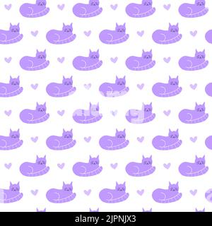 Carino modello senza cuciture con gatti e cuori viola doodle. Illustrazione Vettoriale