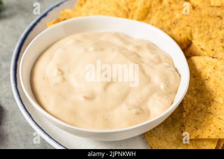 Salsa di Queso bianco cremoso fatta in casa con patatine di tortilla Foto Stock