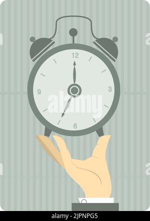 Tenere la mano con sveglia. Orologio a tempo con mano. Illustrazione su sfondo bianco Illustrazione Vettoriale