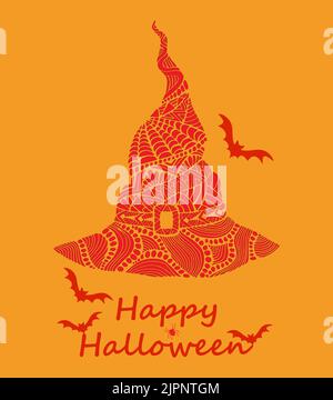 Cappello di strega per Halloween felice. Cartone animato divertente stile doodle, pazzo Halloween. Vector ottobre vacanza cappello strega. Illustrazione Vettoriale