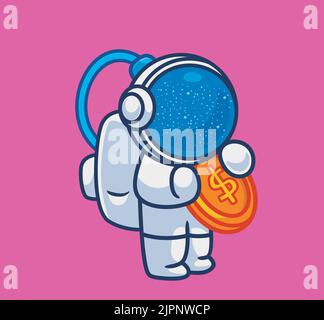 astronauta cute ottenere un denaro per l'investimento. Illustrazione isolata della persona del cartone animato. Adesivo piatto icona Design Premium Logo Vector Illustrazione Vettoriale