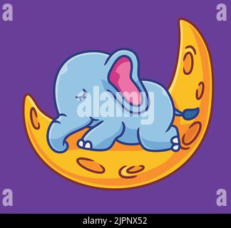 adorabile elefante dorme sulla luna. isolato cartone animato illustrazione animale. Adesivo piatto icona Design Premium Logo Vector. Personaggio mascotte Illustrazione Vettoriale