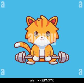 carino gatto weightlifting. isolato cartone animato illustrazione animale. Adesivo piatto icona Design Premium Logo Vector. Personaggio mascotte Illustrazione Vettoriale