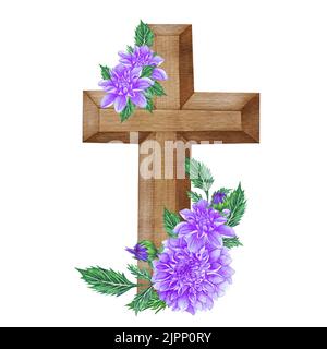 Viola Dahlia croce floreale. Illustrazione di Pasqua. Acquerello Croce di nozze. Battesimo. Foto Stock