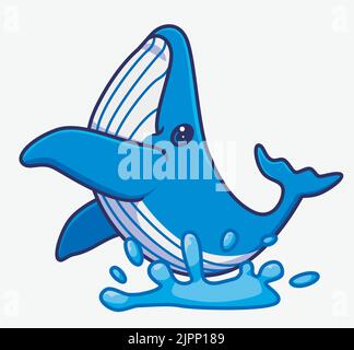 carino balena blu che salta dall'acqua. isolato cartone animato illustrazione animale. Adesivo piatto icona Design Premium Logo Vector. Personaggio mascotte Illustrazione Vettoriale