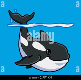 carino killer balena che mostra la sua coda. isolato cartone animato illustrazione animale. Adesivo piatto icona Design Premium Logo Vector. Personaggio mascotte Illustrazione Vettoriale