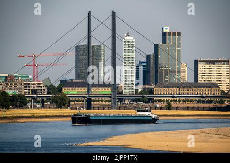 Reno vicino a Düsseldorf, acqua estremamente bassa, livello del Reno a 47 cm, tendenza alla caduta, chiatta di fronte allo skyline con il ponte Rheinkneibrücke, sandba Foto Stock