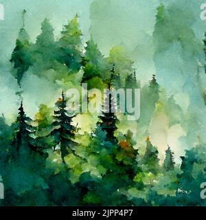 Verde foresta di conifere in montagna, acquerello illustrazione Illustrazione Vettoriale