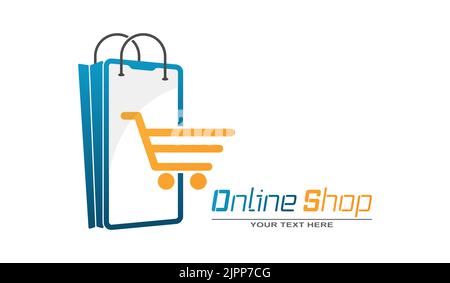 Negozio online. Un telefono cellulare sotto forma di borsa per la spesa e di carrello. Design semplice Illustrazione Vettoriale