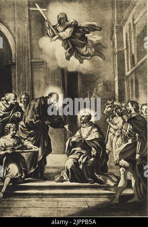 Sant'IGNAZIO di LOYOLA ( 1491 - 1556 ) nella Chiesa di Santa Maria della strada incontra il Ducato di Gandia FRANCESCO BORGIA ( 23 ottobre 1550 ), ritratto di Anonymous , Roma , Camere di San Ignazio . Fondatore dell'Ordine della Compagnia di Gesù . - San IGNACIO - IGNAZIO di - SANTO - RELIGIONE CATTOLICA - RELIGIONE CATTOLICA - aureola - Fondatore Compagnia di Gesù - GESUITI - GESUITA - libro - libro - barba - barba - barba - barba ---- Archivio GBB Foto Stock