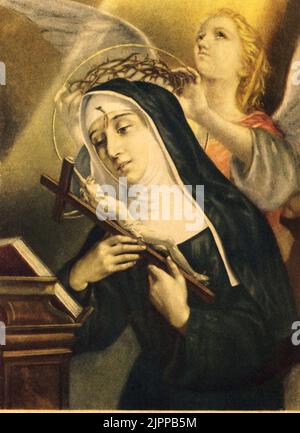 Santa RITA da CASCIA ( 1381 - 1457 ) , canonizzata DA Papa Leone XIII 1900 . Stampa oleografica popolare , Italia , 1910's - RELIGIONE CATTOLICA - RELIGIONE CATTOLICA - BEATA - estasi - extasi - suora - nun - religiosa - monaca - angelo - angelo - corona di spine - aureola - crocefisso - crocifisso - croce --- Archivio GBB Foto Stock