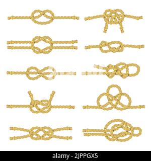 Corda e spago con nodi nodo e cappio realistico icona decorativa a colori imposta immagine vettoriale isolata Illustrazione Vettoriale