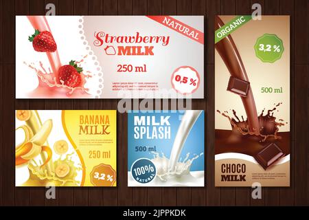 Latte dolce e gustoso con diversi gusti e striscioni realistici illustrazione vettoriale isolata in legno Illustrazione Vettoriale