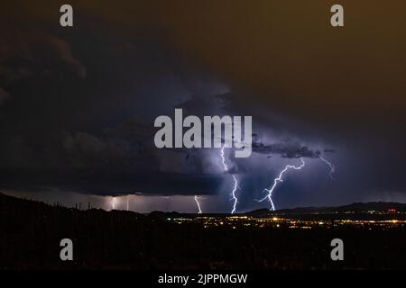 Tempesta di fulmini di notte con luci della città e cactus Saguaro Foto Stock