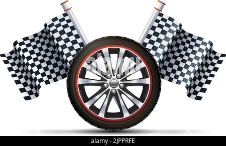 Ruota auto realistica con bandiere racing sport concept vettore illustrazione Illustrazione Vettoriale