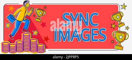 Didascalia di testo Presentazione delle immagini sincronizzate, Panoramica aziendale rendere le foto identiche in tutti i dispositivi accessibili ovunque l'uomo che sale denaro rappresenti Foto Stock