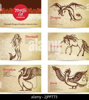 Mitiche creature carte disegnate a mano insieme con dragon sirena e. illustrazione vettoriale isolata unicorn Illustrazione Vettoriale