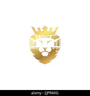 emblema con logo lion, simbolo del re, animale, mascotte leone, viso, silhouette Illustrazione Vettoriale