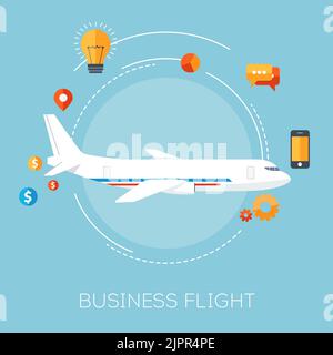 Business flat design concetto di stile piatto. Moderna illustrazione vettoriale di aeroplano nel cielo blu con icone commerciali. Illustrazione vettoriale Illustrazione Vettoriale