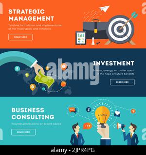 Set di banner per cartoni animati aziendali. Illustrazioni di progettazione di qualità, elementi e concetto per il business, finanza, gestione strategica, investimento di denaro Illustrazione Vettoriale