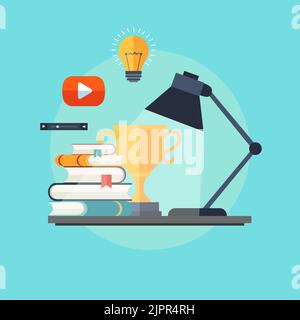 Illustrazione in stile piatto per l'apprendimento online. Concetto di formazione online. Design delle icone di formazione video. Libri, coppa, lampada con elementi luminosi e video Illustrazione Vettoriale