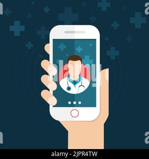 Concetto online di consultazione del medico. Tenere lo smartphone con un medico sullo schermo. Concetto di assistenza sanitaria remota. Illustrazione vettoriale Illustrazione Vettoriale
