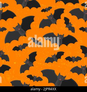Stampa BAT. Pipistrelli graziosi su sfondo arancione. Modello senza cuciture con pipistrello volante. Illustrazione di Halloween isolata su sfondo scuro stilizzato Illustrazione Vettoriale