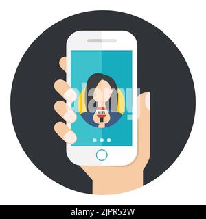 Notizie dal vivo sul telefono cellulare con newsreader. Smartphone portatile con giornalista di notizie femminile. Giornalista donna con microfono su icona smartphone Illustrazione Vettoriale