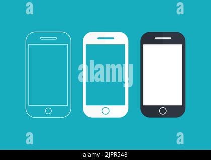 Icona dello smartphone in tre diversi stili: Contorno, versione bianca e nera. Telefono cellulare con pulsante. Elemento vettore Illustrazione Vettoriale
