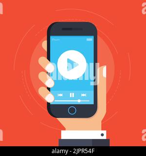 Tenere in mano lo smartphone con il lettore video sullo schermo. Riproduci video sul telefono cellulare. Streaming sul concetto di cellulare. Film, film, podcast, tv, cinema Illustrazione Vettoriale
