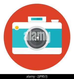 Icona fotocamera. Fotocamera fotografica con obiettivo e pulsante. Attrezzature per paparazzi. Fotocamera da studio fotografico. Icona piatta in cerchio isolata su sfondo bianco Illustrazione Vettoriale