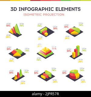 Grafici e grafici vettoriali isometrici 3D. Elementi infografici isometrici con grafici, grafici a torta e diagrammi a piramide. Presentazione del vettore infografico Illustrazione Vettoriale