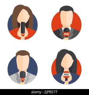 Icone avatar per newsreader maschili e femminili. Live news, tv anchorman e anchorwoman avatar icone in stile piatto. Elementi vettoriali Illustrazione Vettoriale