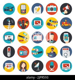 Set di icone del televisore. Icone di notizie e mass media. Conferenza stampa e intervista concetti icona. Icone di giornalista e di trasmissione televisiva. Set di icone piatte Illustrazione Vettoriale