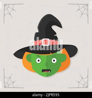 Icona a forma di strega. Strega che indossa il cappello. Illustrazione di Halloween isolata su sfondo grigio stilizzato. Illustrazione vettoriale Illustrazione Vettoriale