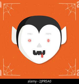 Icona vampiro. Carino cartone animato spoky vampiro personaggio testa. Contare la testa di Dracula con sangue sui denti. Illustrazione di Halloween isolata su arancione stilizzato b Illustrazione Vettoriale