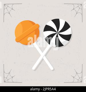 Icona della caramella di Halloween. Caramello allo zucchero a lollipop dolce e speziato sul bastone. Illustrazione di Halloween isolata su sfondo grigio stilizzato. Illustrazione vettoriale Illustrazione Vettoriale
