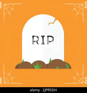 Icona della tomba. Icona RIP cartone animato. Icona divertente tomba di pietra bianca. Illustrazione della pietra tombale incrinata con terreno ed erba. Illustrazione vettoriale di Halloween Illustrazione Vettoriale