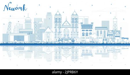 Delineate lo skyline di Newark, New Jersey, con edifici blu e riflessi. Illustrazione vettoriale. Paesaggio urbano di Newark con punti di riferimento. Illustrazione Vettoriale