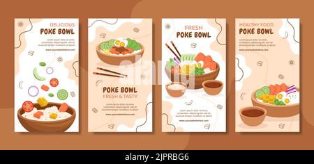 Poke Bowl Food Social Media Stories modello disegnato a mano Cartoon Flat Illustrazione Illustrazione Vettoriale