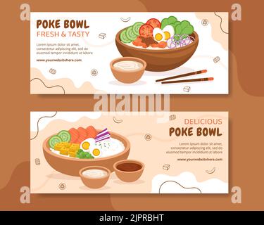 Poke Bowl Food modello orizzontale banner Cartoon disegno a mano Flat Illustrazione Illustrazione Vettoriale