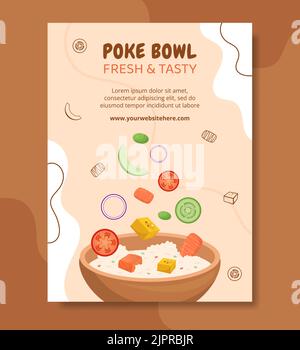 Modello di poster per alimenti poke Bowl Cartoon piatto disegnato a mano Illustrazione Illustrazione Vettoriale