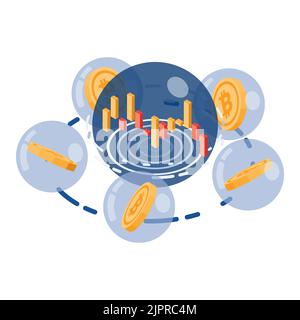 Piatto 3D Isometrica Bitcoin all'interno della bolla di sapone. Rischi di investire in Bitcoin e Cryptocurrency Concept. Illustrazione Vettoriale