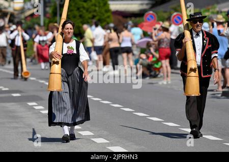 Alphorn Players, Interlaken, Svizzera Foto Stock