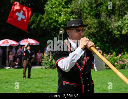 Alphorn Players, Interlaken, Svizzera Foto Stock