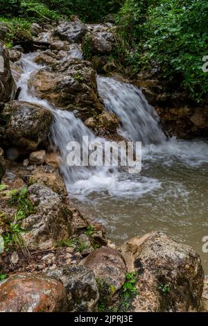 Cascate alla cascata nel Breuergraben lungo Schwarzache, Scheffau am Wilden Kaiser, Tirolo, Kufstein, Wilder Kaiser, Austria Foto Stock